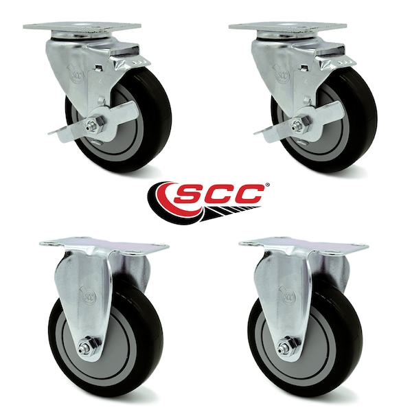 Service Caster 4 Inch Black Polyurethane Swivel Top Plate Caster Set with 2 Brakes 2 Rigid SCC SCC-20S414-PPUB-BLK-TLB-2-R414-2 - main
